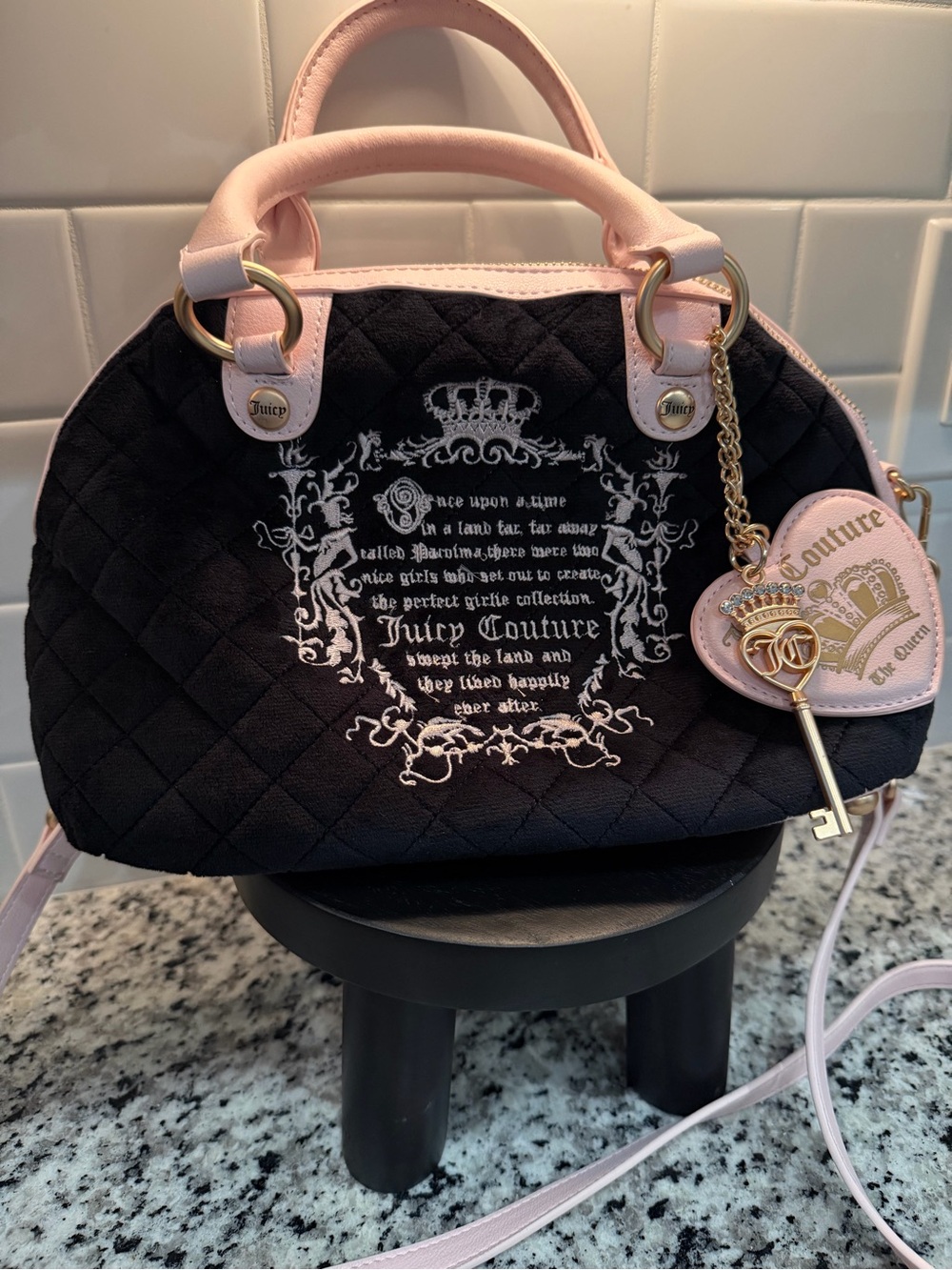 Juicy Couture Quilted Satchel with Pink Trim & Heart Key Charm “Popular on IG